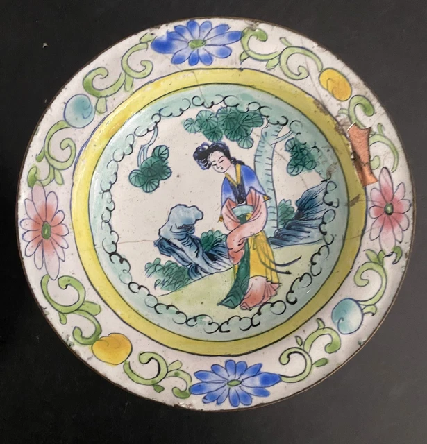 2 CANTON CHINESE enamel painted metal Miniature plates early 1900s £7.