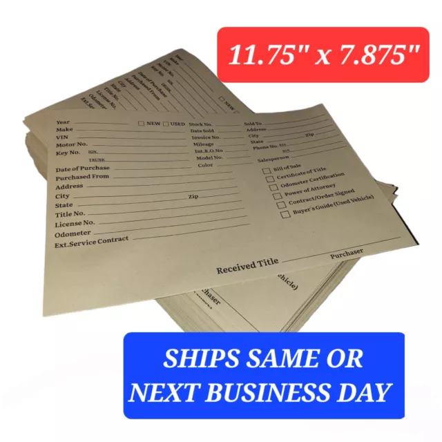 125 Vehicle Deal Jackets 11.75"x7.875" Car Dealer Envelopes Doc Title Dealership