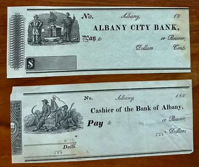 Pair of early 1800's unissued bank checks from Albany,NY area banks