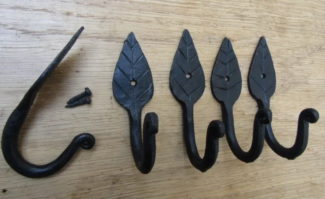 5 X LEAF HOOK  Iron hand forged blacksmith Single robe keys hanging hooks