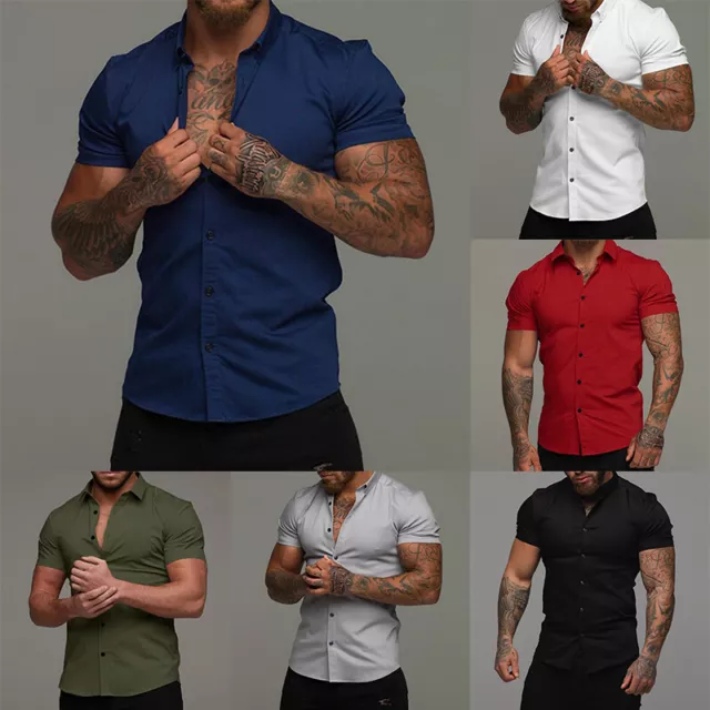 Men's Short Sleeve Button Down Shirts Casual Slim Fit T-Shirt Formal Tops Blouse