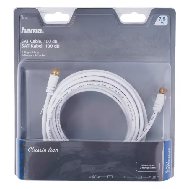 Hama 7,5m Sat-Câble 100dB 4K HD TV Câble D'Antenne Fiche-F Coaxial Câble Coaxial