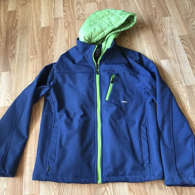 Boy's Soft Shell Light Jacket Size 18 / 20 Zip up Hooded Green & Blue HAWKE & CO