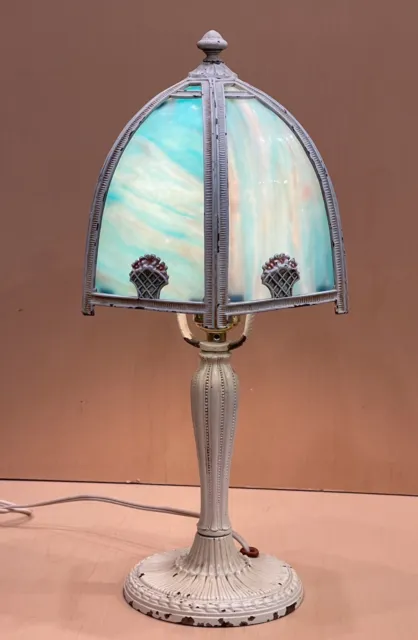 ANTIQUE  ART NOUVEAU Blue Slag Glass Salem Brothers Desk Lamp