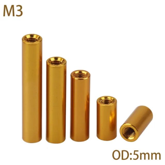 M3 Gold Yellow Aluminum Column Round Threaded Sleeve Stud Standoff Nut OD:5mm