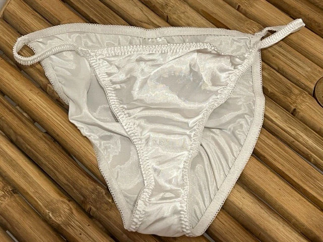 VINTAGE WHITE SATIN Y2K STRING BIKINI PANTY sz M $14.50 - PicClick