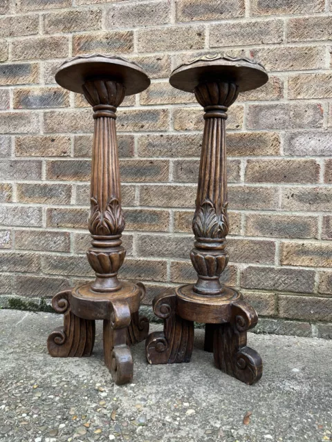 Pair Of English Oak Floral Top Plant Stands Column Stands Display Jardiniere