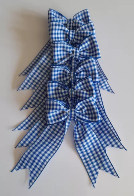 6 Blue/white Gingham 5cm Bows Crafts Sewing Brand New