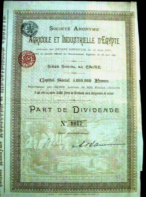 € 1 S.A. Agricole et Industrielle d' Egypte Caire hist. Aktie 1897 Ägypten Kairo