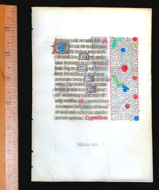 c. 1450-75 MEDIEVAL BOOK OF HOURS LEAF, FRANCE, ILLUMINATED BORDERS and INITIALS