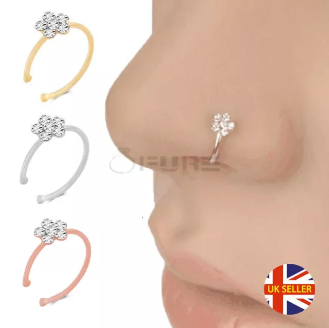 6-8MM Sparkly Gem Crystal Flower Nose Ring Non Piercing Clip On Hoop Stud 1pc