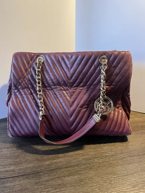 Michael Kors Susannah Large Tote Purse Bag Chevron-Quilted Leather Burgundy