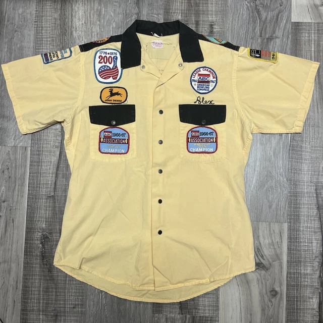 Vintage John Deere Simpsons Sanforized Snap Work Shirt W/ ABC Bowling Patches