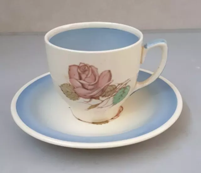 Vintage Susie Cooper Blue Patricia Rose Pattern Coffee Cup & Saucer