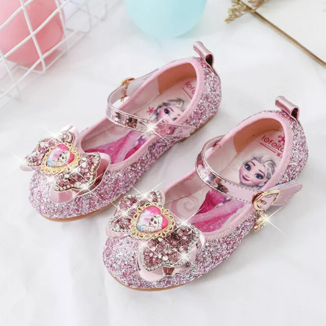 UK Frozen2 Kids Girls Elsa Princess Fancy Party Sequin Bow Rhinestone Elsa Shoes