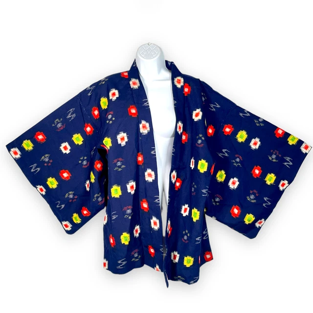 Navy Blue Japanese Kasuri Kimono Jacket Red Yellow White Traditional