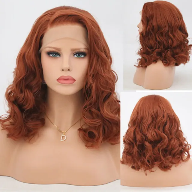 Medium Curly Wavy Auburn Lace Front Human Hair Blend Heat Ok Wigs Women Soft