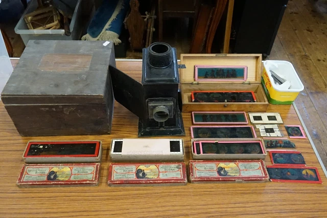 Victorian "Magic Lantern" in Original Wooden Box With Original Boxed Slides.