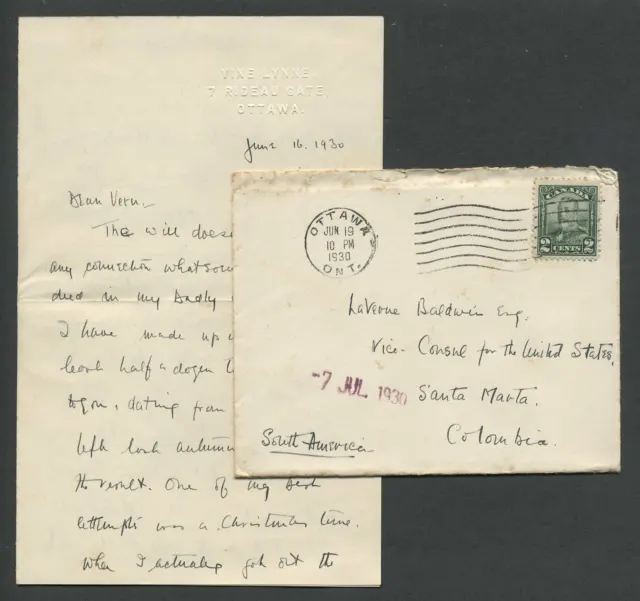 Ottawa Canada: 1930 Letter from Hyacinthe Lambart VINE LYNNE, 7 RIDEAU GATE