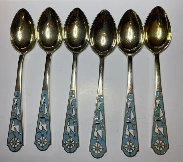 Vintage Set of 6 Gilded 875 Silver Spoons with Blue Nautical Theme Enamel USSR