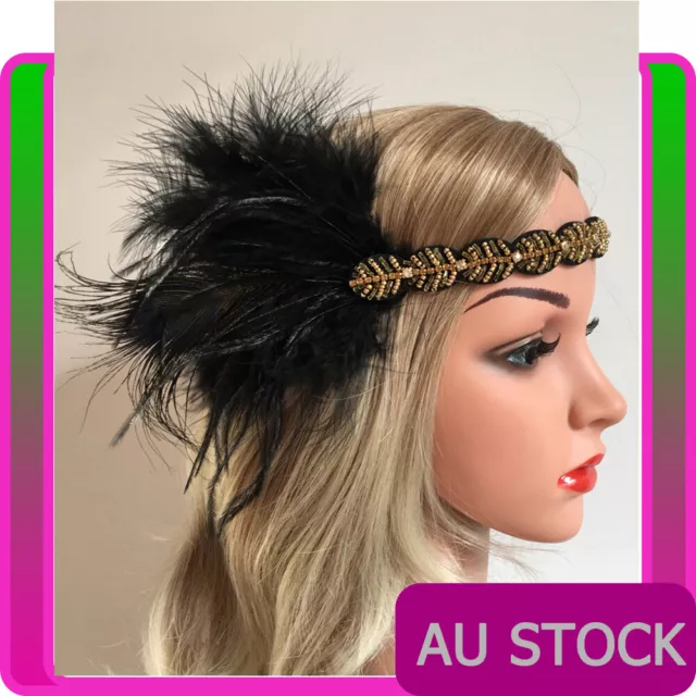 1920s Headband Black Feather Bridal Great Gatsby 20s Flapper Headpiece Gangster