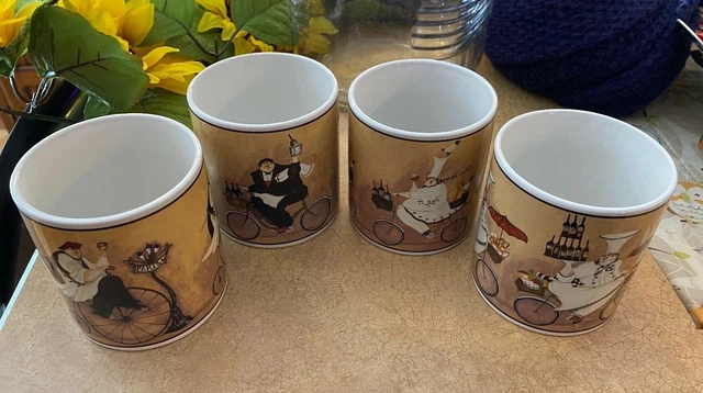 4 CERTIFIED INTL Jennifer Garant Chef On Bike Coffee Tea Mugs 3 3/4" T"