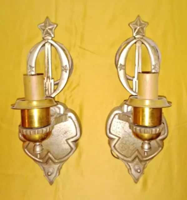 VTG Antique Art Deco Nouveau Arts & Craft NICKEL Wall Sconce PAIR 1900-1940