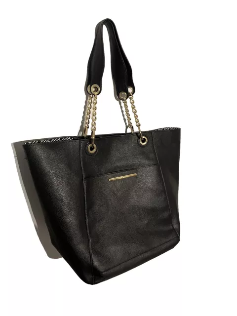 Steve Madden Large Black Leather Tote Purse Travel Bag Gold Tone Accents
