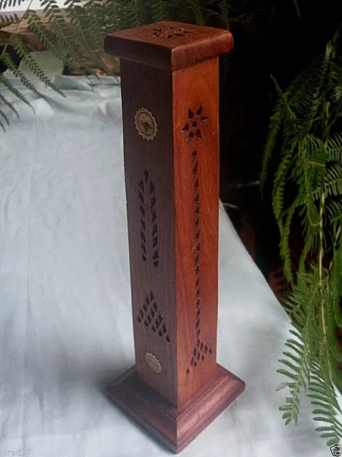 Wow HAND-CARVED Ornate WOODEN & BRASS INLAY Tall INCENSE TOWER Home Display VG