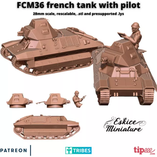 Bolt Action Battlegroup French FCM 36 Tank with Commander (both turrets)