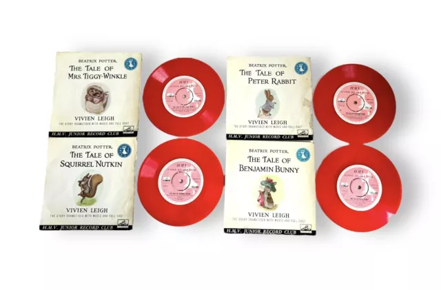 4 x HMV Junior Record Club 7" vinyl Beatrix Potter EP records Peter Rabbit