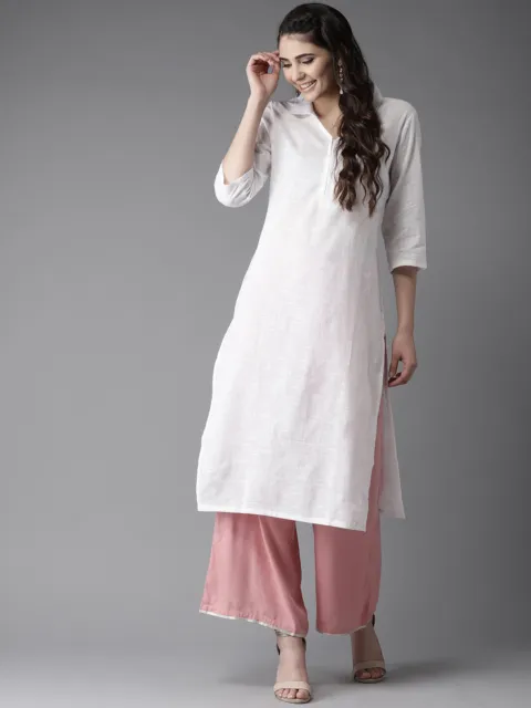 Indische Mode Kurta Frauen Weiß Feste Gerade Kurta Hemdkragen Baumwollkleid