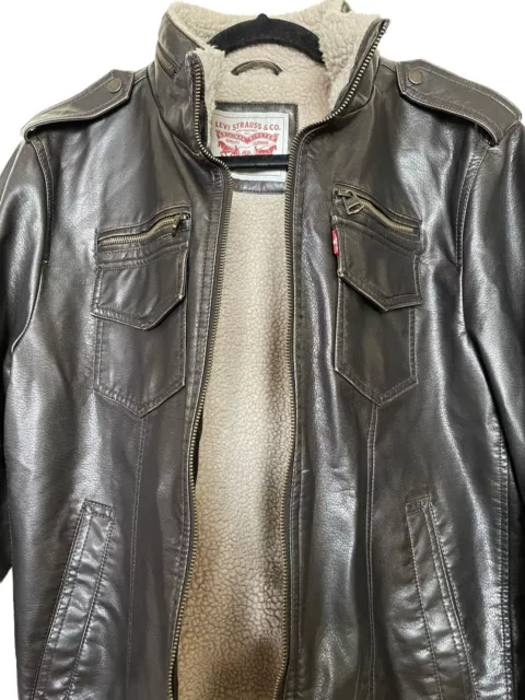 LEVI'S BOMBER JACKET men's Size Medium brown faux leather Sherpa lined ...