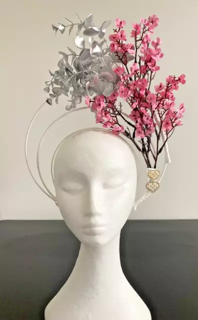 F0005 - White Halo Fascinator with Silver leaves and Pink Flowers - Made in Aus