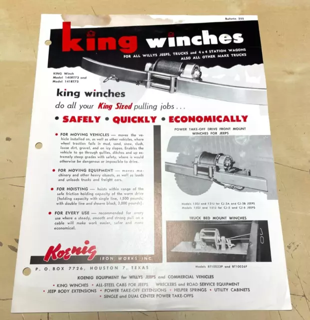 Vintage Original Willy Jeeps King Winches 140RT73 141RT73 Sales Ad Brochure 255