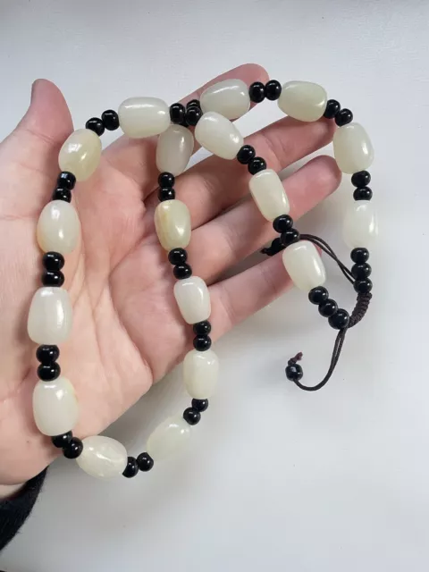 Antique Chinese Mutton Fat Nephrite White Jade & Obsidian Beads Necklace 20.5"