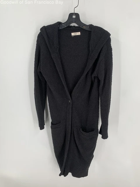 UGG Womens Black Pockets Long Sleeve Hooded Faux Fur Sweater Coat Size XS/S