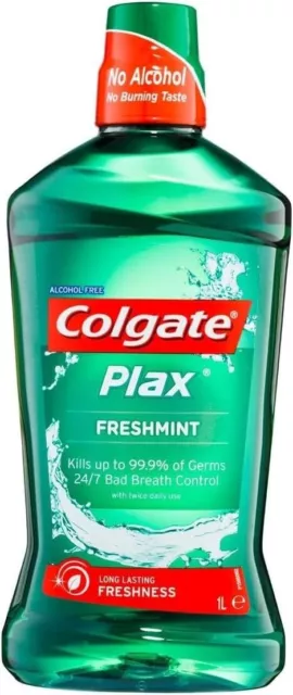 3x Plax Antibacterial Mouthwash 1L Alcohol Free Freshmint Bad Breath Control