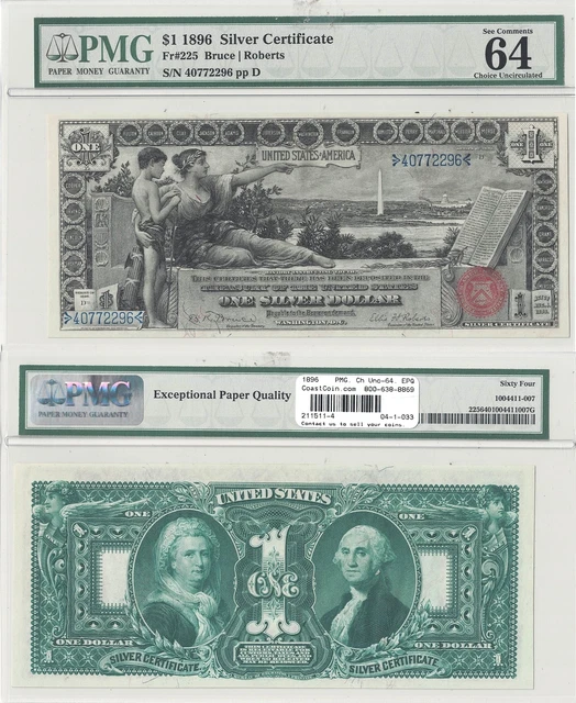 1896 $1 Silver Certificate "Educational Series" Fr 225 PMG Choice Unc-64 EPQ