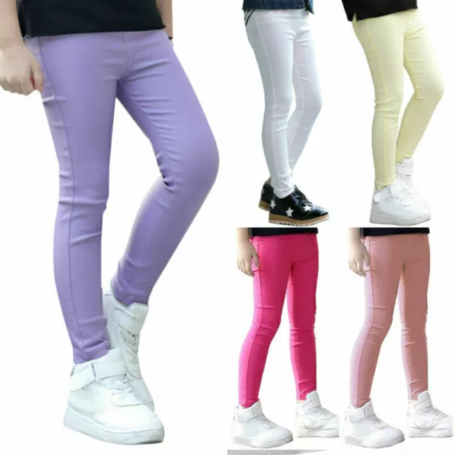 Kids Girls Slim Fit Leggings Pants Stretch Skinny Pants Trousers White Pink