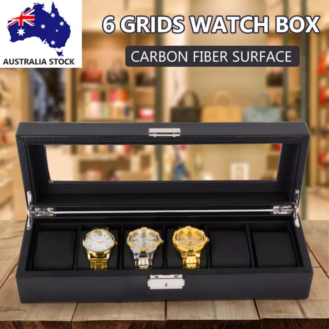 6 Grids Watch Box Carbon Fiber Storage Case Jewelry Display Organizer Gift