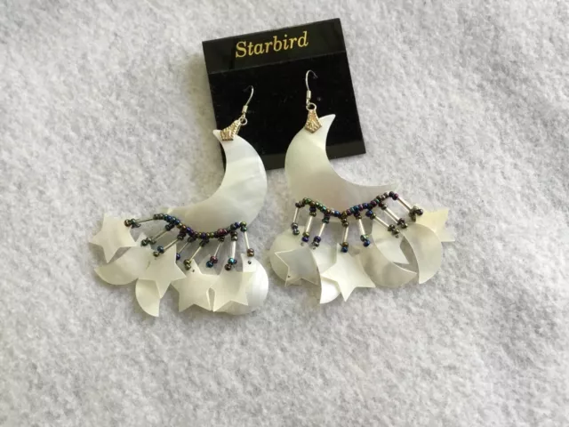 WHITE MOTHER OF PEARL SEASHELL  MOON STAR DANGLE BEADED EARRINGS 80's VINTAGE
