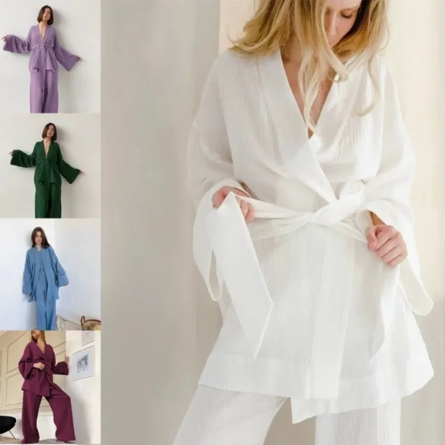 Women Nightgown Robe Pajamas Set Drop Sleeve Bathrobe and Loose Wide Leg Pant