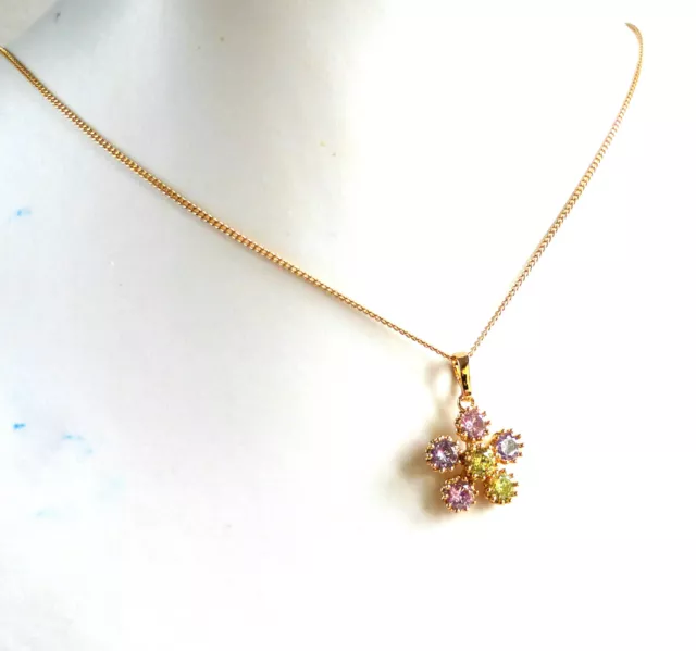 Necklace Pendant Chain Colourful Flower Cubic Zirconia 18K Yellow Gold Plated UK