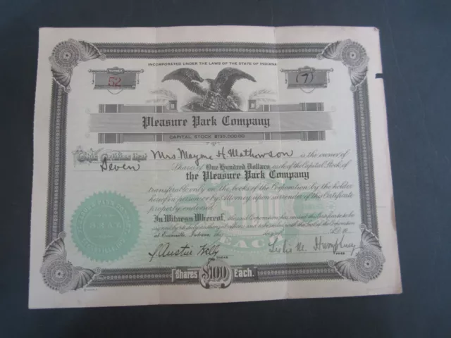 Old Vintage - PLEASURE PARK COMPANY - Stock Certificate - Evansville INDIANA