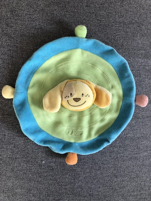 Doudou Plat Rond Chicco Chien Bleu Vert Jaune Orange Rose Tbe