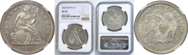 1866 Seated Liberty Dollar NGC AU-50 Motto
