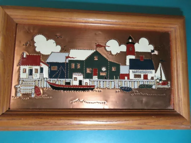10" Punched Copper Enamel Wall Art Picture Signed HOUSES BOATS LIGHTHOUSE metal