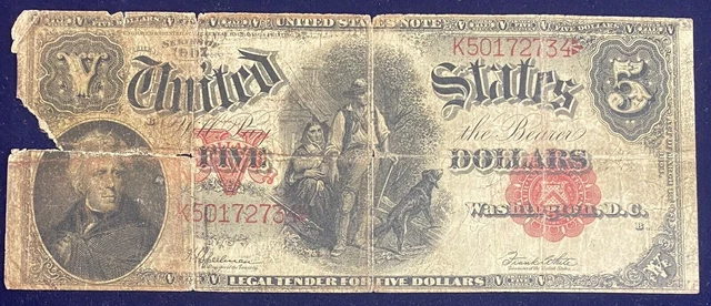 1907 Five Dollar Bill $5 United States Note Large Size Circulated #52089