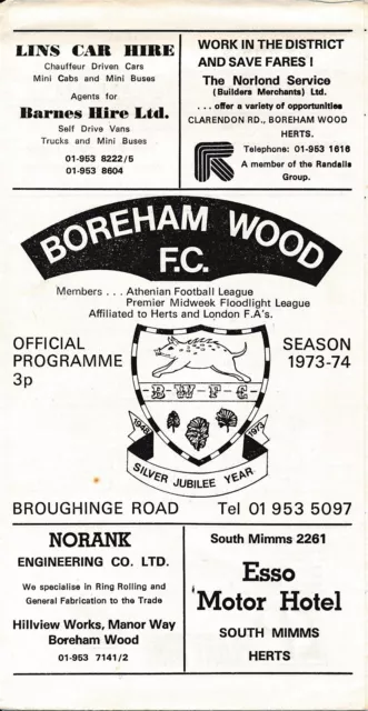 Boreham Wood v Watford (Friendly) 1973/1974 - Football Programme